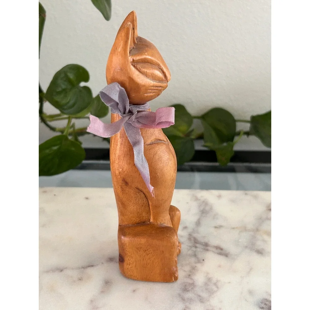 Vintage Mid Century Modern Hand Carved Wooden Cat Figurine MCM Feline Statue 6